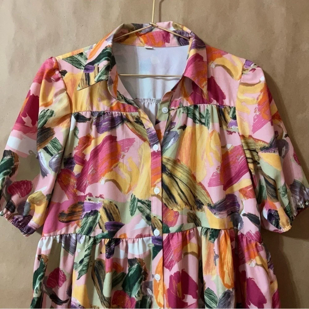 Abstract Watercolor Print Button Front Tiered Popover Mini Shirt Dress Size XS - Picture 2 of 13